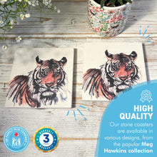 Load image into Gallery viewer, 2 x TIGER STONE COASTERS | Stone Coasters | Animal novelty gift | Coaster for glass, mugs and cups| Square coaster for drinks | Tiger gift | Meg Hawkins art | 10cm x 10cm