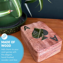 Load image into Gallery viewer, Handcrafted 𝗪𝗢𝗢𝗗𝗘𝗡 𝗣𝗟𝗔𝗬𝗜𝗡𝗚 𝗖𝗔𝗥𝗗 𝗕𝗢𝗫 with Silver Ace of Spades Inlay – Single Deck Storage Case with Playing Cards, Poker Gift for Card Players