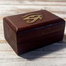 Load image into Gallery viewer, Wooden trinket box with Eye of Horas design on lid | Keepsake Box | Ring box |Dice Box