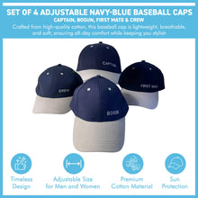 Load image into Gallery viewer, Set of 4 Adjustable Navy-Blue Baseball Caps, Captain, Bosun, First Mate & Crew, Nautical Boating Hats for Sailing, Yachting & Team Uniform