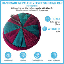 Load image into Gallery viewer, Size 61cm, XL, Handmade Nepalese maroon and deep green velvet Smoking Cap with traditional Tibetan design, lightweight, stylish design