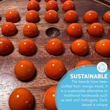 Load image into Gallery viewer, 22cm Diameter wooden SOLITAIRE BOARD GAME with OPAL ORANGE GLASS MARBLES | classic wooden solitaire game | strategy board game | family board game | games for one | board games