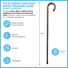Load image into Gallery viewer, 92cm Green Chestnut wooden Walking Cane, lightweight mobility aid with rubber ferrule for enhanced stability and comfort