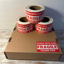 Load image into Gallery viewer, Three Rolls Premium Fragile Warning Stickers – Self-Adhesive “Fragile Handle with Care” Shipping Labels, 1000 Stickers per Roll, Bright Red & White, Waterproof & Tear-Resistant, for Boxes, Parcels & Packages