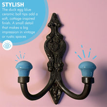 Load image into Gallery viewer, Set of 2 𝗙𝗥𝗘𝗡𝗖𝗛 𝗦𝗧𝗬𝗟𝗘 𝗖𝗔𝗦𝗧 𝗜𝗥𝗢𝗡 𝗗𝗢𝗨𝗕𝗟𝗘 𝗛𝗢𝗢𝗞𝗦 – Duck Egg Blue Ceramic Tops, Wall Coat Hooks for Hallway, Cloakroom, Bedroom