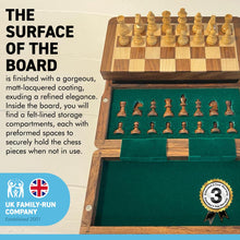 Load image into Gallery viewer, Handcrafted Chess Set 10” X 10” Board with Magnetic Pieces | Felt-Lined Storage Compartment | Classic Staunton Style playing pieces | Travel companion.