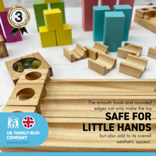 Load image into Gallery viewer, WOODEN 30 piece MARBLE RUN with six coloured glass marbles | Create and build different marble runs | Helps problem solving creativity and hand to eye coordination | Suitable for 4 and above