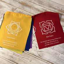 Load image into Gallery viewer, 7 Chakra bunting flags On A String With Affirmation 19 x 25 centimetres and are strung together on a 155-centimeter-long string