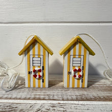 Load image into Gallery viewer, Pair of Yellow beach hut light pulls | Nautical Theme Wooden Beach Hut Cord Pull Light Pulls