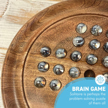 Load image into Gallery viewer, 22cm Diameter wooden SOLITAIRE BOARD GAME with CLEAR POLAR SWIRL GLASS MARBLES | classic wooden solitaire game | strategy board game | family board game | games for one | board games