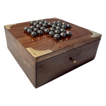 Load image into Gallery viewer, Handmade compact wooden classic solitaire game with stainless steel balls | 13cm x 13cm with storage draw | Travel game