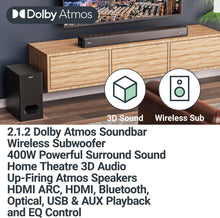 Load image into Gallery viewer, Majority Sierra 2.1.2 Dolby Atmos SOUNDBAR | WIRELESS SUBWOOFER I 400W Powerful Surround Sound | Home Theatre 3D Audio with Up-Firing Atmos Speakers | HDMI ARC, HDMI, Bluetooth, USB & AUX Playback