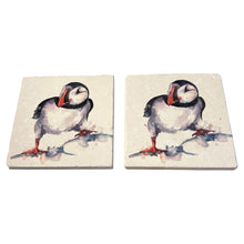 Load image into Gallery viewer, 2 x CURIOUS PUFFIN STONE COASTERS | Stone Coasters | Animal novelty gift | Coaster for glass, mugs and cups| Square coaster for drinks | Puffin gift | Meg Hawkins art | 10cm x 10cm