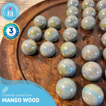 Load image into Gallery viewer, 30cm Diameter DARK WOOD SOLITAIRE BOARD GAME with THUNDERBOLT GLASS MARBLES | |classic wooden solitaire game | strategy board game | family board game | games for one | board games