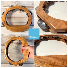 Load image into Gallery viewer, Handheld headless HALF-MOON WOODEN TAMBOURINE 22cm wide | Traditional single jingle bell row | Educational musical instrument | Musical Instrument for Children Adults Music Classes