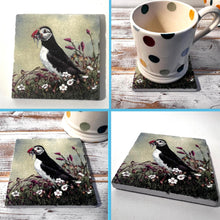 Load image into Gallery viewer, Green Stone Coaster with Puffin Image, Wildlife Watercolour Design, Wildlife Coaster