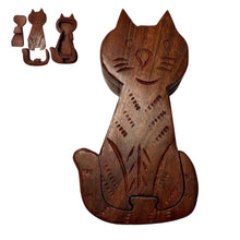 Load image into Gallery viewer, 4-piece Pussy Cat Wooden Puzzle Box | Wooden Cat Puzzle Box | Handmade wooden puzzle box | Handmade Wooden trinket secrets Box | Sustainable Shesham wooden hand carved box | 17cm (w) x 5cm (h)