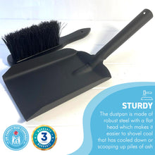 Load image into Gallery viewer, FIRESIDE BRUSH and  ASH SHOVEL set | Tidy clean log burner stove | Powder coated black finish | Hearth Iron Fireside Tidy Set | Ash Pan and brush set | Durable Steel set with Fireplace Dustpan and Brush | Coal Shovel