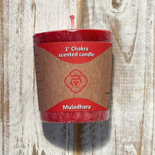 Load image into Gallery viewer, Root (Red) - Chakra Candle  | Standing at about 4.5 centimetres tall (1.75 inches), emanates an aura of rustic charm, invoking the essence of the earth itself.
