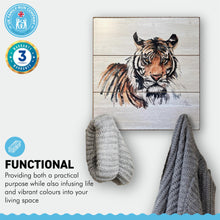 Load image into Gallery viewer, Rustic Wooden Design Tiger Plaque Wall Hooks | 30cm x 30cm wooden plaque | supplied with two hooks attached | wall hanging fixings attached | Wildlife art

