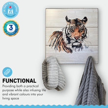 Load image into Gallery viewer, Rustic Wooden Design Tiger Plaque Wall Hooks | 30cm x 30cm wooden plaque | supplied with two hooks attached | wall hanging fixings attached | Wildlife art
