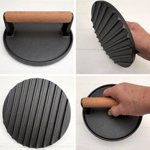 Load image into Gallery viewer, 𝗛𝗘𝗔𝗩𝗬 𝗗𝗨𝗧𝗬 𝗖𝗔𝗦𝗧 𝗜𝗥𝗢𝗡 𝗦𝗧𝗘𝗔𝗞 𝗣𝗥𝗘𝗦𝗦: 17cm (7in) Non-Stick Round Grill Press | Wooden Handle for Burgers, Bacon & Steaks | Flat Top Griddle | BBQ Meat Press