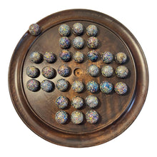 Load image into Gallery viewer, 30cm Diameter WOODEN SOLITAIRE BOARD GAME with GLITTERBOMB GLASS MARBLES | classic wooden solitaire game | strategy board game | family board game | games for one | board games