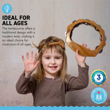 Load image into Gallery viewer, Handheld headless HALF-MOON WOODEN TAMBOURINE 22cm wide | Traditional single jingle bell row | Educational musical instrument | Musical Instrument for Children Adults Music Classes