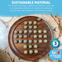 Load image into Gallery viewer, 30cm Diameter WOODEN SOLITAIRE BOARD GAME with SPECKLED GOLDEN SPINOSAURUS GLASS MARBLES | |classic wooden solitaire game | strategy board game | family board game | games for one | board games