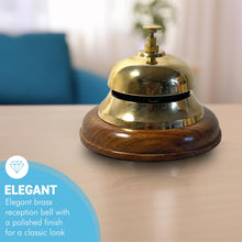 Load image into Gallery viewer, Elegant Brass Reception Desk Bell with Wooden Base , Ideal for Hotels, Schools, and Restaurants (12cm W x 10cm H)