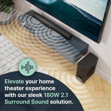 Load image into Gallery viewer, Majority TETON PLUS BLUETOOTH SOUND BAR for TV with Wireless Subwoofer | 81cm, 180 Watts, 5.25" Subwoofer Driver 2.1 Surround Sound System | HDMI ARC, USB, Optical & RCA | Custom EQ & Remote Control