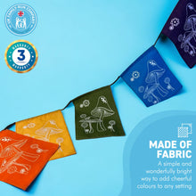 Load image into Gallery viewer, Screen Printed 100% Cotton Mushroom print multi coloured bunting | 7 flags | 190cm long | Garland for Garden Wedding Birthday Indoor Outdoor Party Decoration Festival | | Fun-Gi Bunting | Fair Trade