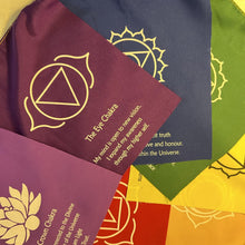 Load image into Gallery viewer, 7 Chakra bunting flags On A String With Affirmation 19 x 25 centimetres and are strung together on a 155-centimeter-long string