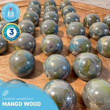 Load image into Gallery viewer, 30cm Diameter MANGO WOOD SOLITAIRE BOARD GAME with THUNDERBOLT GLASS MARBLES | |classic wooden solitaire game | strategy board game | family board game | games for one | board games