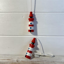 Load image into Gallery viewer, Pair of Red and white Lighthouse light pulls | Nautical Theme Wooden Lighthouse Cord Pull Light Pulls
