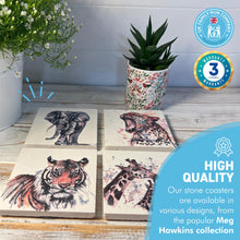 Load image into Gallery viewer, WILDLIFE SET OF 4 COASTERS | Leopard | Giraffe | Tiger | Elephant | Stone Coasters | Animal novelty gift | Coaster for glass, mugs and cups| Square coaster for drinks | Meg Hawkins art | 10cm x 10cm