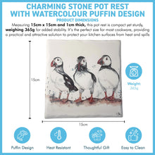 Load image into Gallery viewer, Puffin Stone Pot Rest, Watercolour Illustrative Art, Heat Resistant Up to 200°C