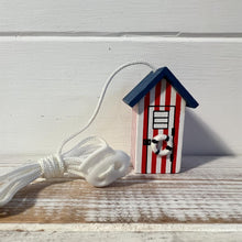 Load image into Gallery viewer, Red and white beach hut light pull | Nautical Theme Wooden Beach Hut Cord Pull Light Pulls