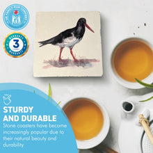 Load image into Gallery viewer, OYSTER CATCHER STONE COASTER | Stone Coasters | Animal novelty gift | Coaster for glass, mugs and cups| Square coaster for drinks | Beach gift | Meg Hawkins art | 10cm x 10cm