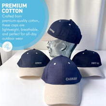 Load image into Gallery viewer, Set of 4 Adjustable Navy-Blue Baseball Caps, Skipper, First Mate, Crew & Cabin Boy, Nautical Boating Hats for Sailing, Yachting & Team Uniform
