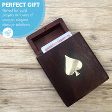 Load image into Gallery viewer, Handcrafted brown wooden playing card box with brass Ace of Spades design