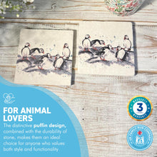 Load image into Gallery viewer, 2 x PUFFIN STONE COASTERS | Stone Coasters | Animal novelty gift | Coaster for glass, mugs and cups| Square coaster for drinks | Puffin gift | Meg Hawkins art | 10cm x 10cm

