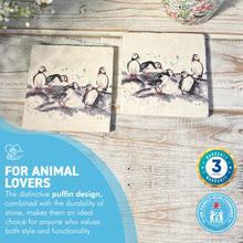 Load image into Gallery viewer, 2 x PUFFIN STONE COASTERS | Stone Coasters | Animal novelty gift | Coaster for glass, mugs and cups| Square coaster for drinks | Puffin gift | Meg Hawkins art | 10cm x 10cm