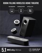 Load image into Gallery viewer, Majority Bowfell Halo 5.1 DOLBY ATMOS SOUNDBAR with Wireless Subwoofer & Semi-Wireless Satellite Speakers – 300W Home Cinema Surround Sound System – Bluetooth 5.3 – HDMI eARC/ARC, Optical, AUX, USB – Compact Sound Bar for TV, PC & Gaming