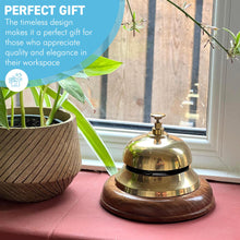 Load image into Gallery viewer, Elegant Brass Reception Desk Bell with Wooden Base , Ideal for Hotels, Schools, and Restaurants (12cm W x 10cm H)