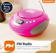 Load image into Gallery viewer, Portable Bluetooth CD Boombox with FM radio | CD, CD-R, CD-RW | 30 Presets | Easy Controls, LED Display, Headphone Jack | OAKCASTLE CD250 (Pink)