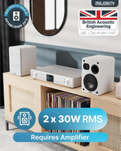 Load image into Gallery viewer, Refurbished Majority White D70X 𝗕𝗟𝗨𝗘𝗧𝗢𝗢𝗧𝗛 𝗕𝗢𝗢𝗞𝗦𝗛𝗘𝗟𝗙 𝗦𝗣𝗘𝗔𝗞𝗘𝗥𝗦 – Powered Stereo, USB Playback & Charging, HDMI ARC, Optical, Phono, Aux, Turntable Compatible, Extra Bass