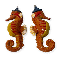 Load image into Gallery viewer, Pair of ceramic cute bobble hat Seahorse hanging ornaments | Light Pulls | Nautical Theme ceramic Cord Pull Light Pulls