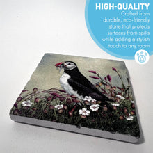 Load image into Gallery viewer, Green Stone Coaster with Puffin Image, Wildlife Watercolour Design, Wildlife Coaster