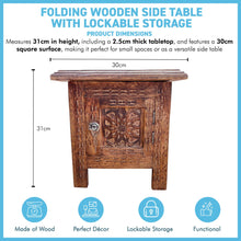 Load image into Gallery viewer, Folding Wooden Side Table with lockable storage, Decorative Wooden Side Table with cutwork detail, Bedside Table